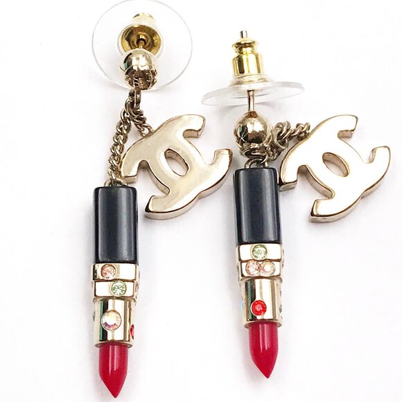 Chanel Rare Gold CC Lipstick Crystal Dangle Piercing Earrings - Picture 3 of 4